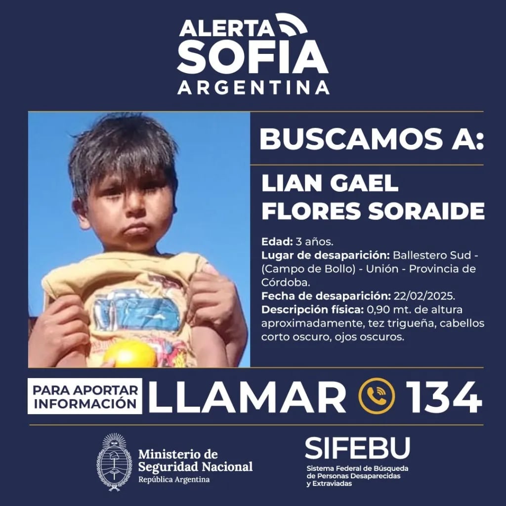 Amplían la búsqueda de Lian en Córdoba: secuestraron una camioneta y tres celulares en una casa de la zona donde desapareció